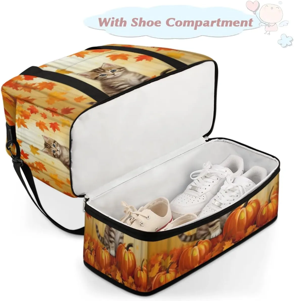 Autumn Pumpkin Cat Sports Gym Bag with Shoes Compartment Foldable Travel Duffel Bag Dry Wet Separated Sports Tote Workout Weekender Overnight Bag for Women Yoga Dance Work Training Handbag