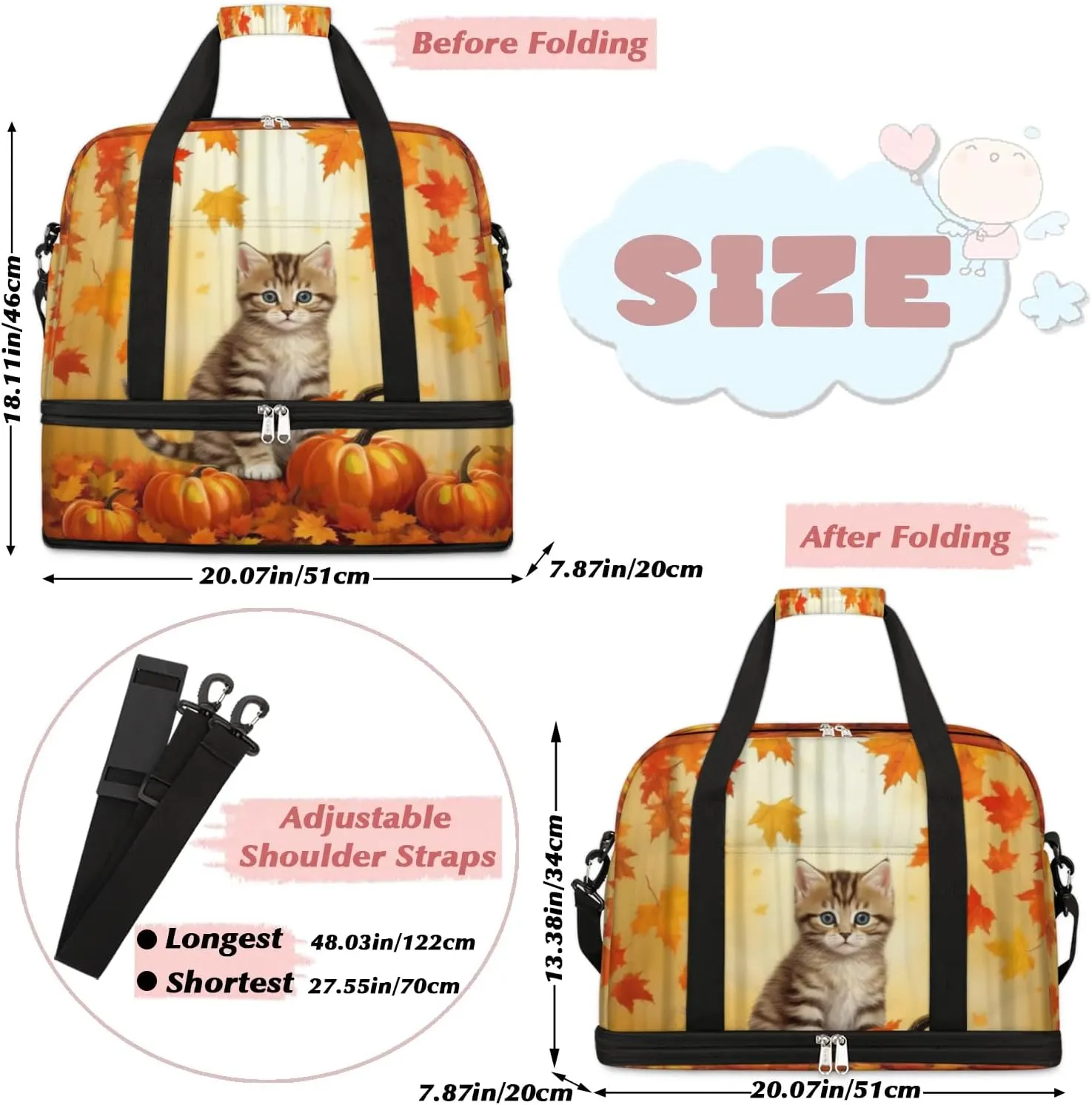 Autumn Pumpkin Cat Sports Gym Bag with Shoes Compartment Foldable Travel Duffel Bag Dry Wet Separated Sports Tote Workout Weekender Overnight Bag for Women Yoga Dance Work Training Handbag
