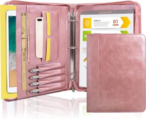 AZXCG Zipper Binder Portfolio for Women, 3 Ring Binders 1 inch, PU Leather Padfolio Folder, Business Portfolio Organizer with A4 Legal Pads, Thin Leather Professional Binder, Gift for Her, Rosegold