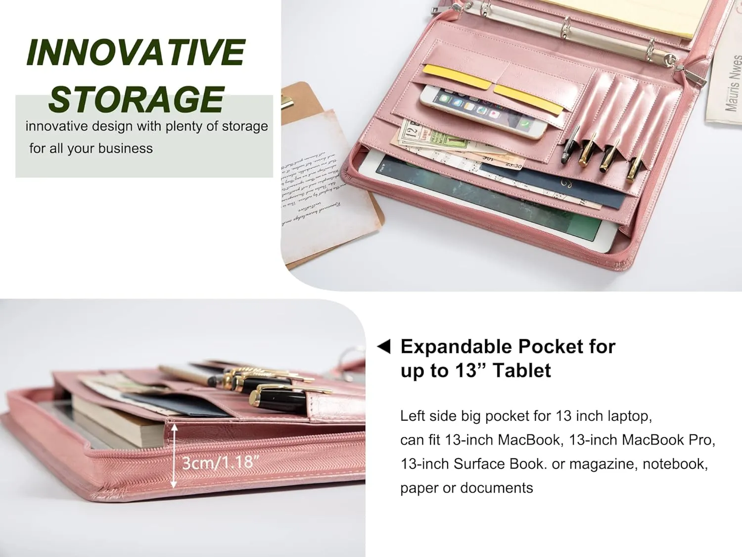 AZXCG Zipper Binder Portfolio for Women, 3 Ring Binders 1 inch, PU Leather Padfolio Folder, Business Portfolio Organizer with A4 Legal Pads, Thin Leather Professional Binder, Gift for Her, Rosegold