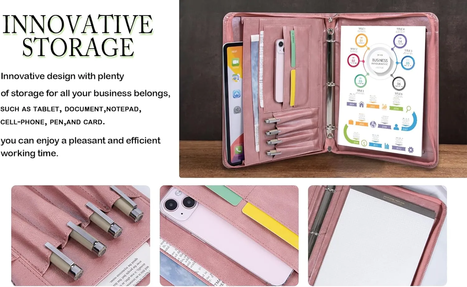AZXCG Zipper Binder Portfolio for Women, 3 Ring Binders 1 inch, PU Leather Padfolio Folder, Business Portfolio Organizer with A4 Legal Pads, Thin Leather Professional Binder, Gift for Her, Rosegold
