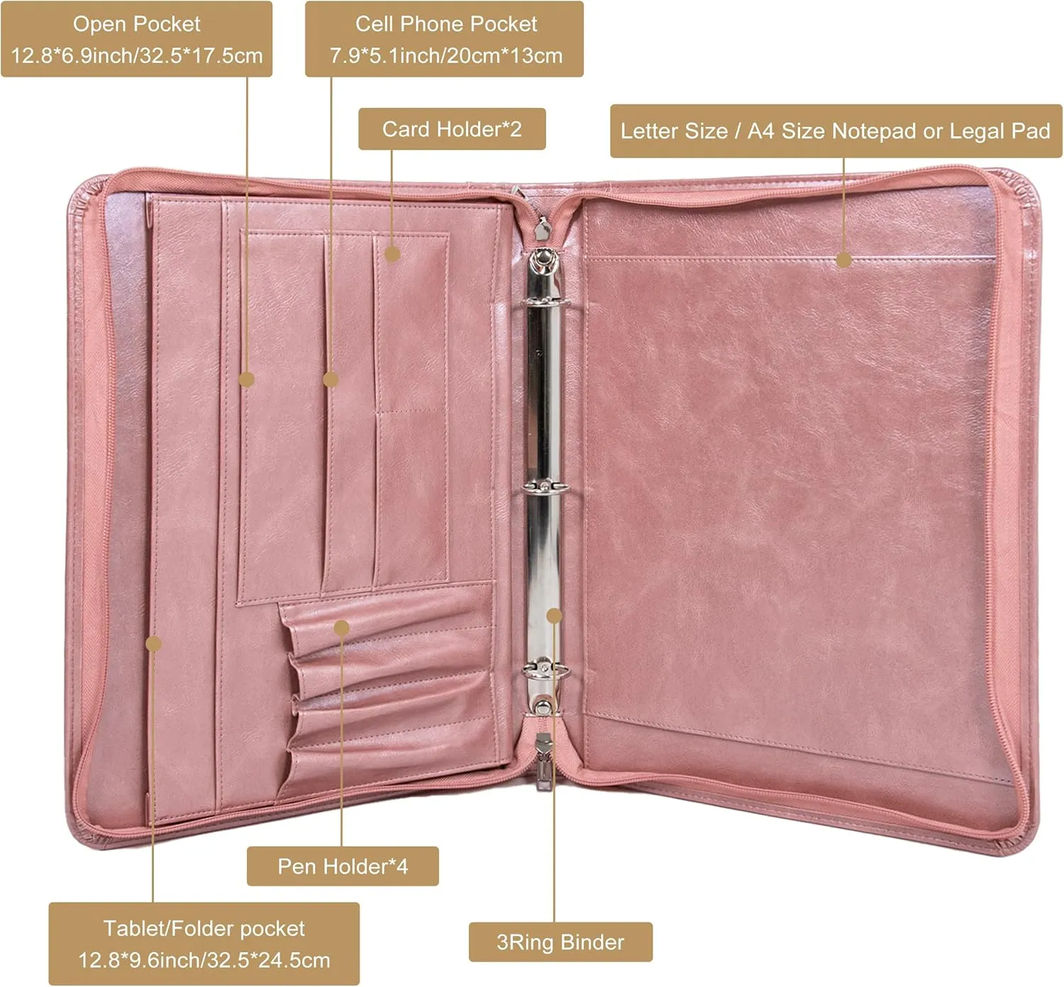 AZXCG Zipper Binder Portfolio for Women, 3 Ring Binders 1 inch, PU Leather Padfolio Folder, Business Portfolio Organizer with A4 Legal Pads, Thin Leather Professional Binder, Gift for Her, Rosegold