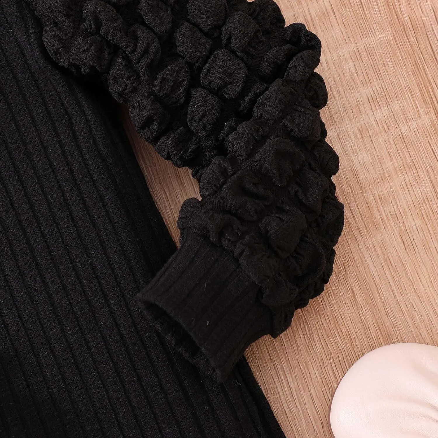 Baby Girl Long Bubble Sleeve Dress High Elastic Crew Neck Elegant Dresses Stretch Solid Dress with Crossbody Bag