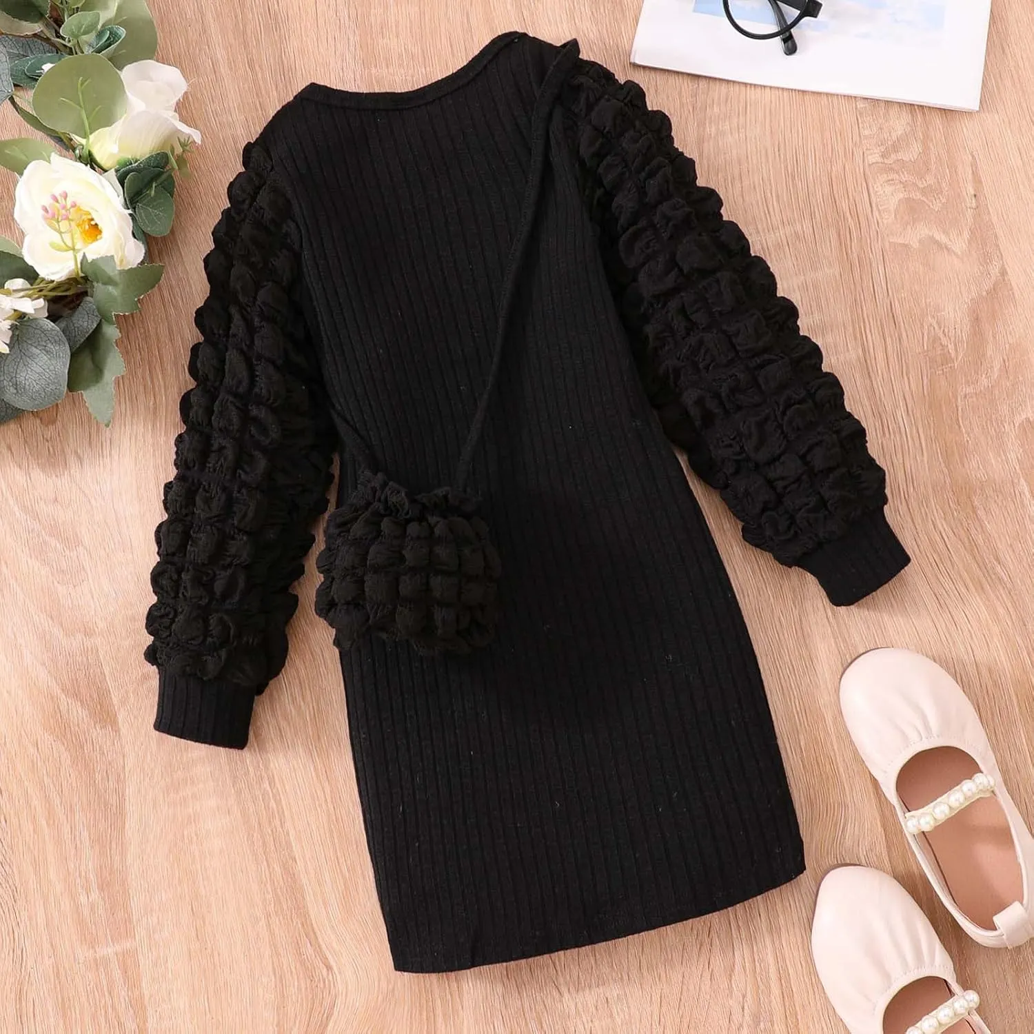 Baby Girl Long Bubble Sleeve Dress High Elastic Crew Neck Elegant Dresses Stretch Solid Dress with Crossbody Bag