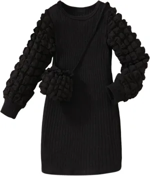 Baby Girl Long Bubble Sleeve Dress High Elastic Crew Neck Elegant Dresses Stretch Solid Dress with Crossbody Bag