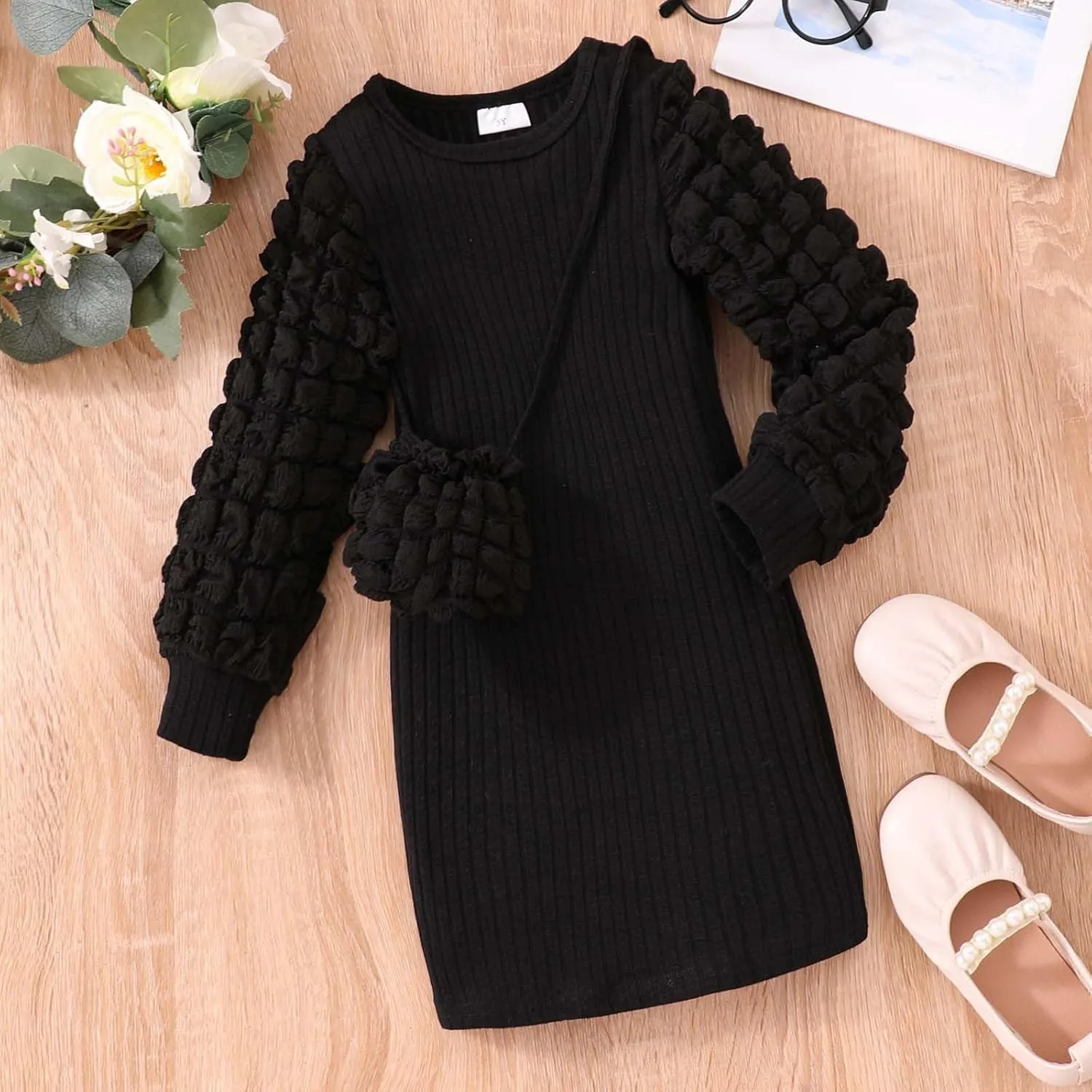 Baby Girl Long Bubble Sleeve Dress High Elastic Crew Neck Elegant Dresses Stretch Solid Dress with Crossbody Bag