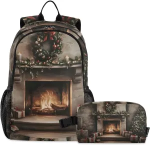 Backpack with Lunch Box Christmas Fireplace Tree Book Bag Daypack Shoulder Bag with Insulated Lunch Bags for Women Men Travel Laptop Daypack 18.5 x 11.8 In