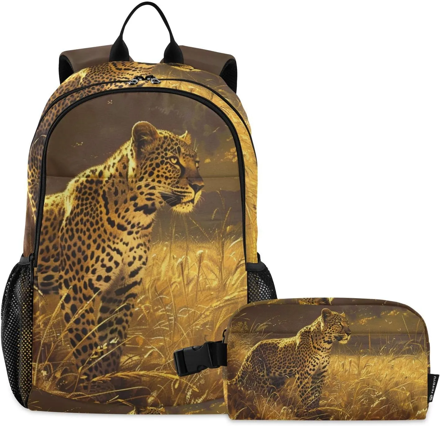 Backpack with Lunch Box Leopard Nature Grassland Daypack Book Bag Shoulder Bag with Lunch Bag Set for Women Men Laptop Travel Daypack