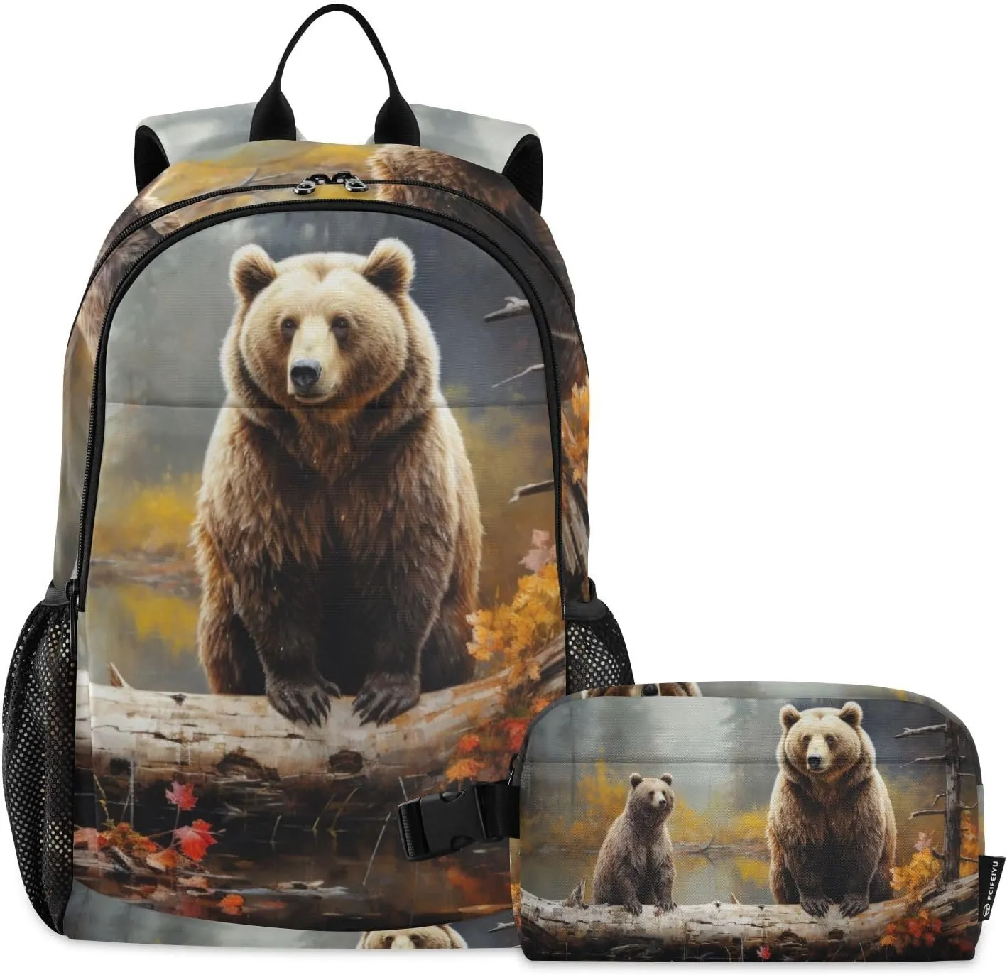 Backpack with Lunch Box Log Brown Bears Daypack Book Bag Shoulder Bag with Lunch Bag Set for Women Men Laptop Travel Daypack