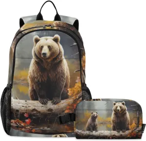 Backpack with Lunch Box Log Brown Bears Daypack Book Bag Shoulder Bag with Lunch Bag Set for Women Men Laptop Travel Daypack