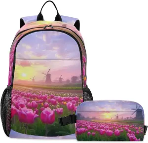 Backpack with Lunch Box Tulip Field Windmill Daypack Shoulder Bag with Lunch Bag Set for Women Men Book Bag with Laptop Compartment and Insulated Lunch Bag