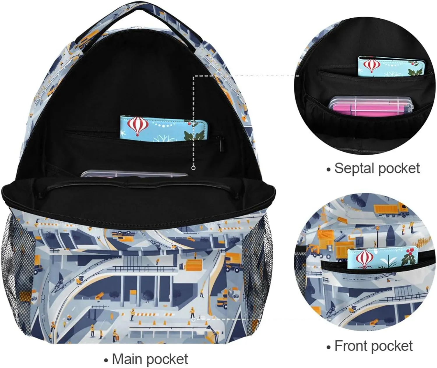 Backpacks for Men and Women Fashion Carry On Backpacks with Chest Strap Gift Men & Women Construction Scene Concrete Mixer Truck