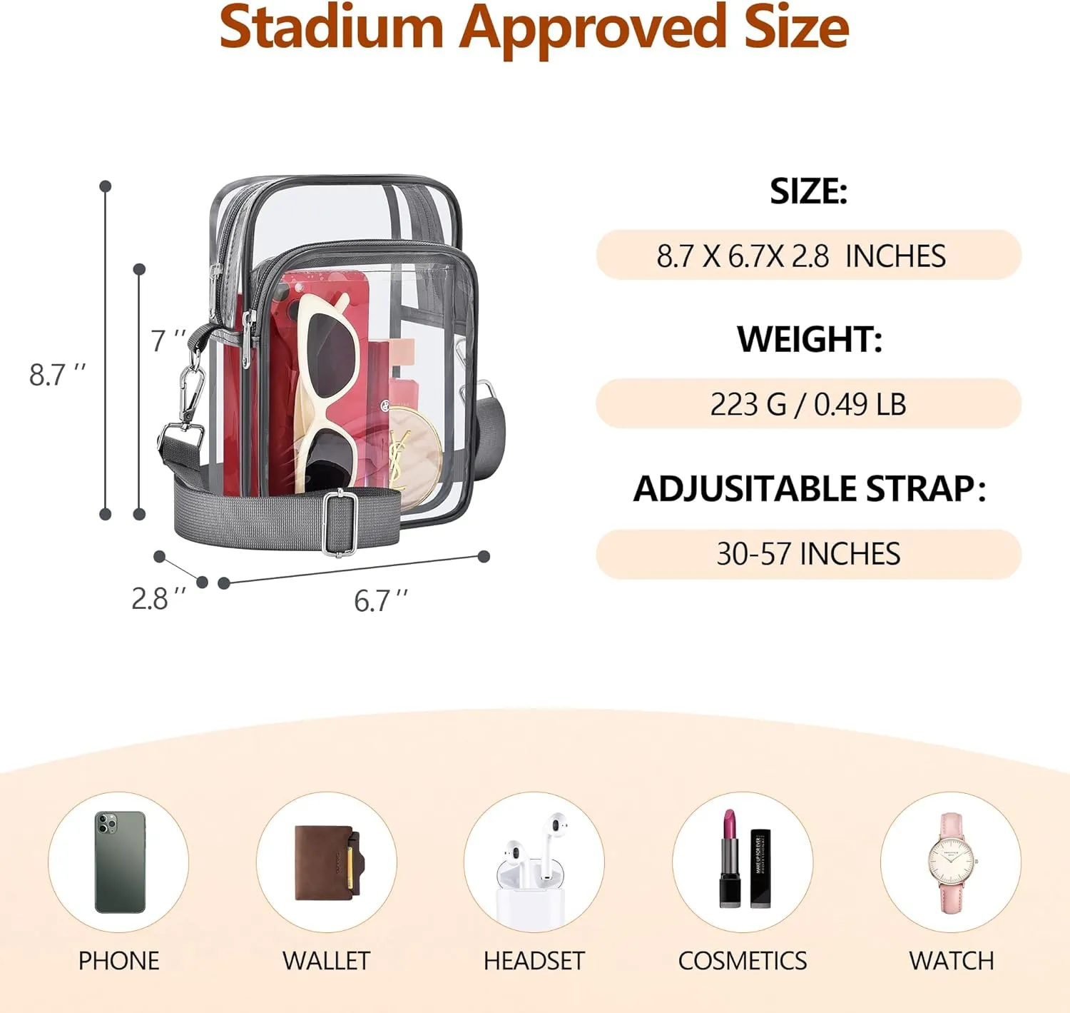 Bagenius Clear Bag for Stadium Events, Clear Purse with Removable Strap, Transparent Bag for Sports Concert and Festivals
