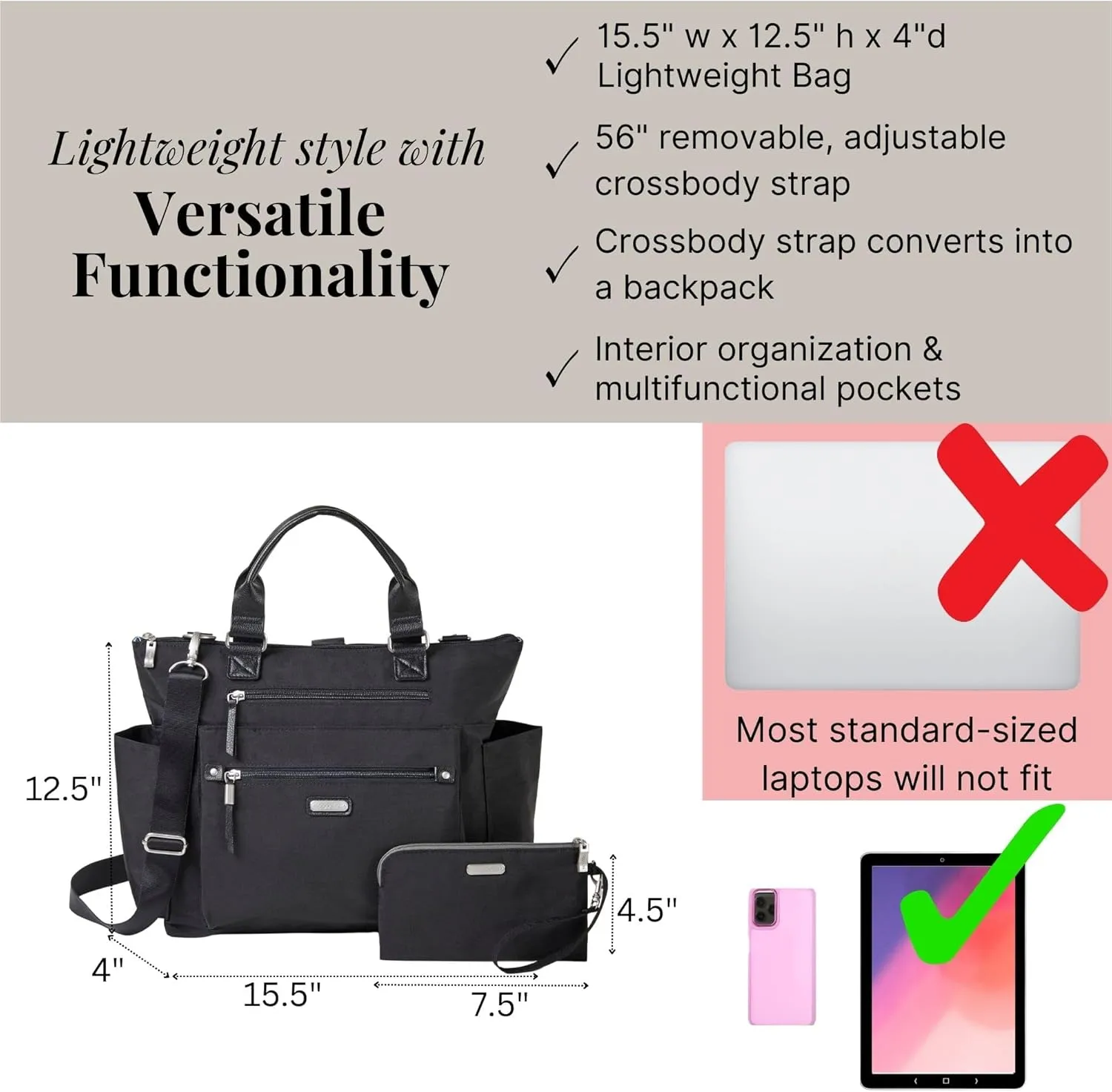 Baggallini 3-in-1 Convertible Backpack Handbag 15x12 Lightweight Travel Bag Crossbody Zippered Tote W/RFID Phone Wristlet