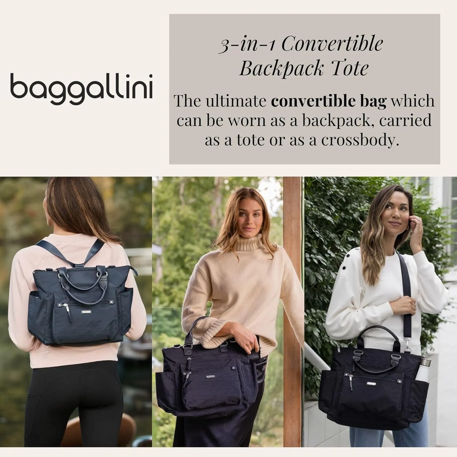 Baggallini 3-in-1 Convertible Backpack Handbag 15x12 Lightweight Travel Bag Crossbody Zippered Tote W/RFID Phone Wristlet