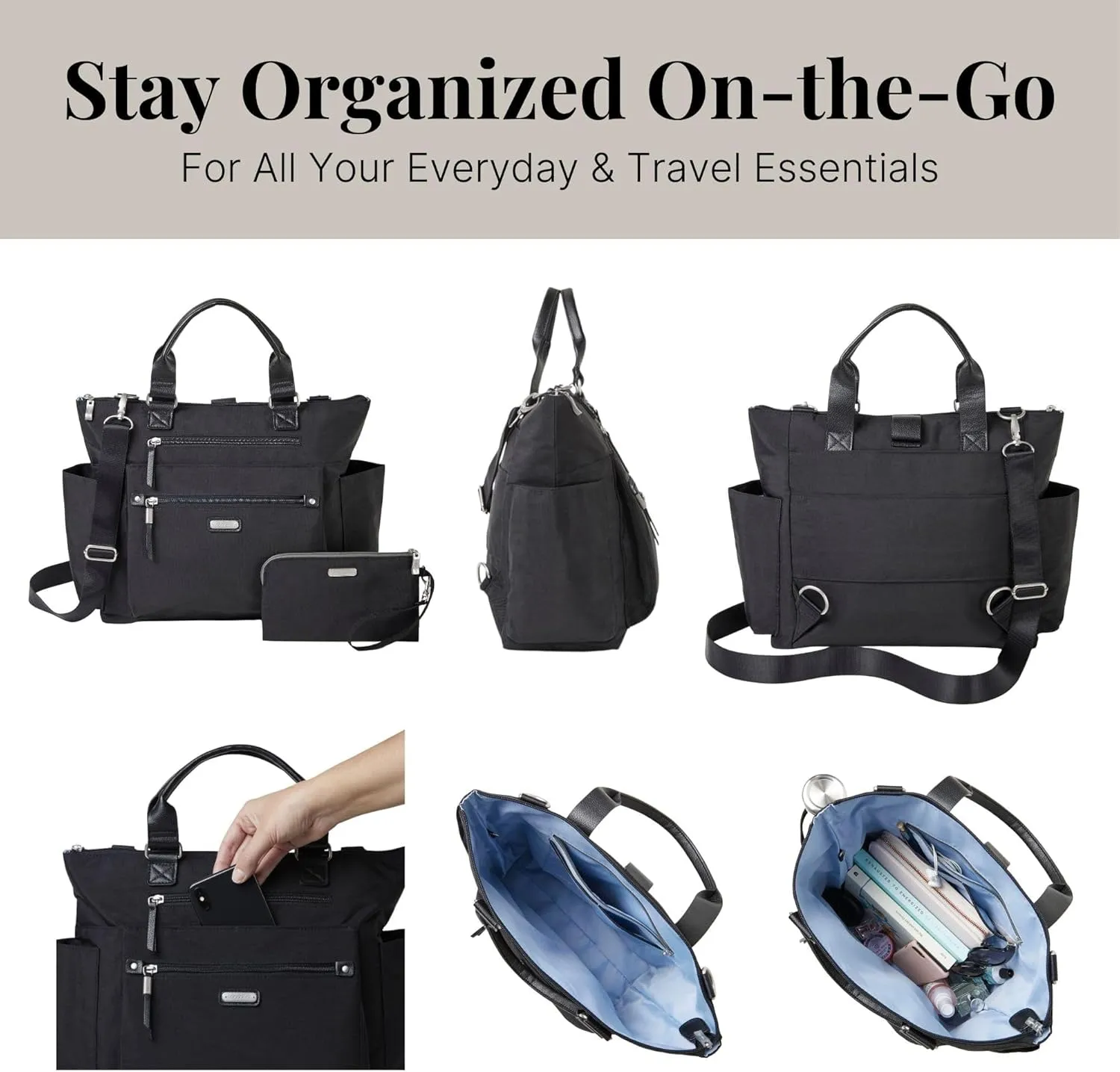 Baggallini 3-in-1 Convertible Backpack Handbag 15x12 Lightweight Travel Bag Crossbody Zippered Tote W/RFID Phone Wristlet