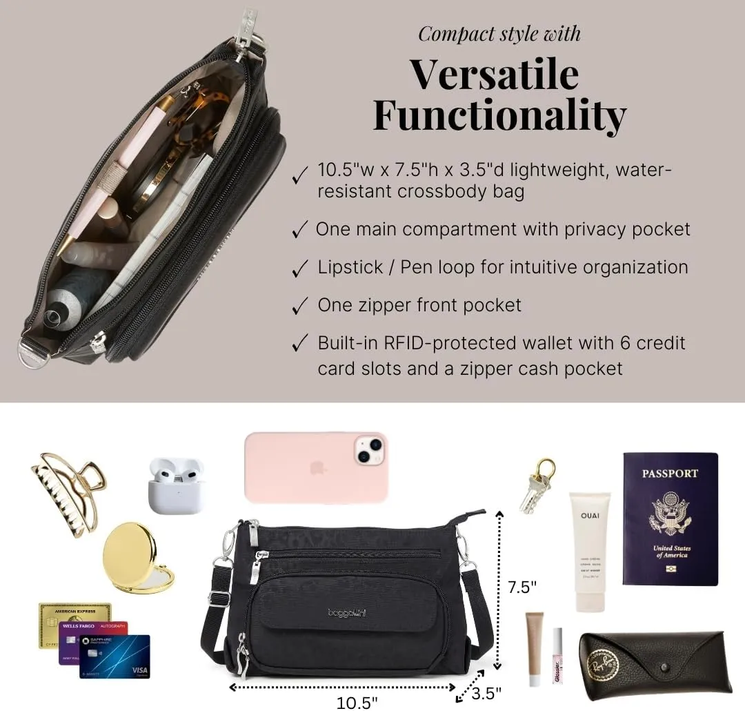 Baggallini Original Everyday 11x 7.5 Crossbody Bags for Women RFID Protected Washable Lightweight Nylon Zippered Travel Purse