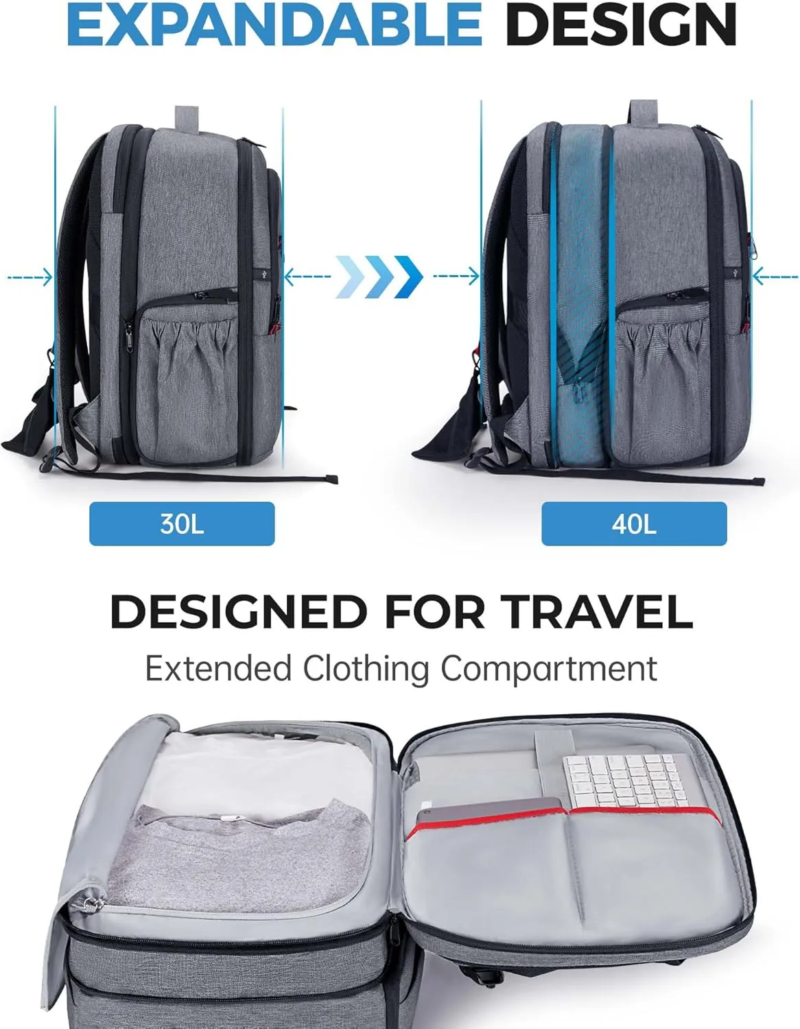 BAGSMART Camera Backpack, Expandable DSLR SLR Camera Bags for Photographers, Photography Travel Backpack with 15.6" Laptop Compartment, Rain Cover & Tripod Holder, Grey