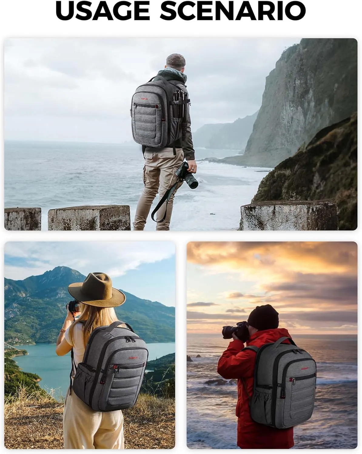 BAGSMART Camera Backpack, Expandable DSLR SLR Camera Bags for Photographers, Photography Travel Backpack with 15.6" Laptop Compartment, Rain Cover & Tripod Holder, Grey