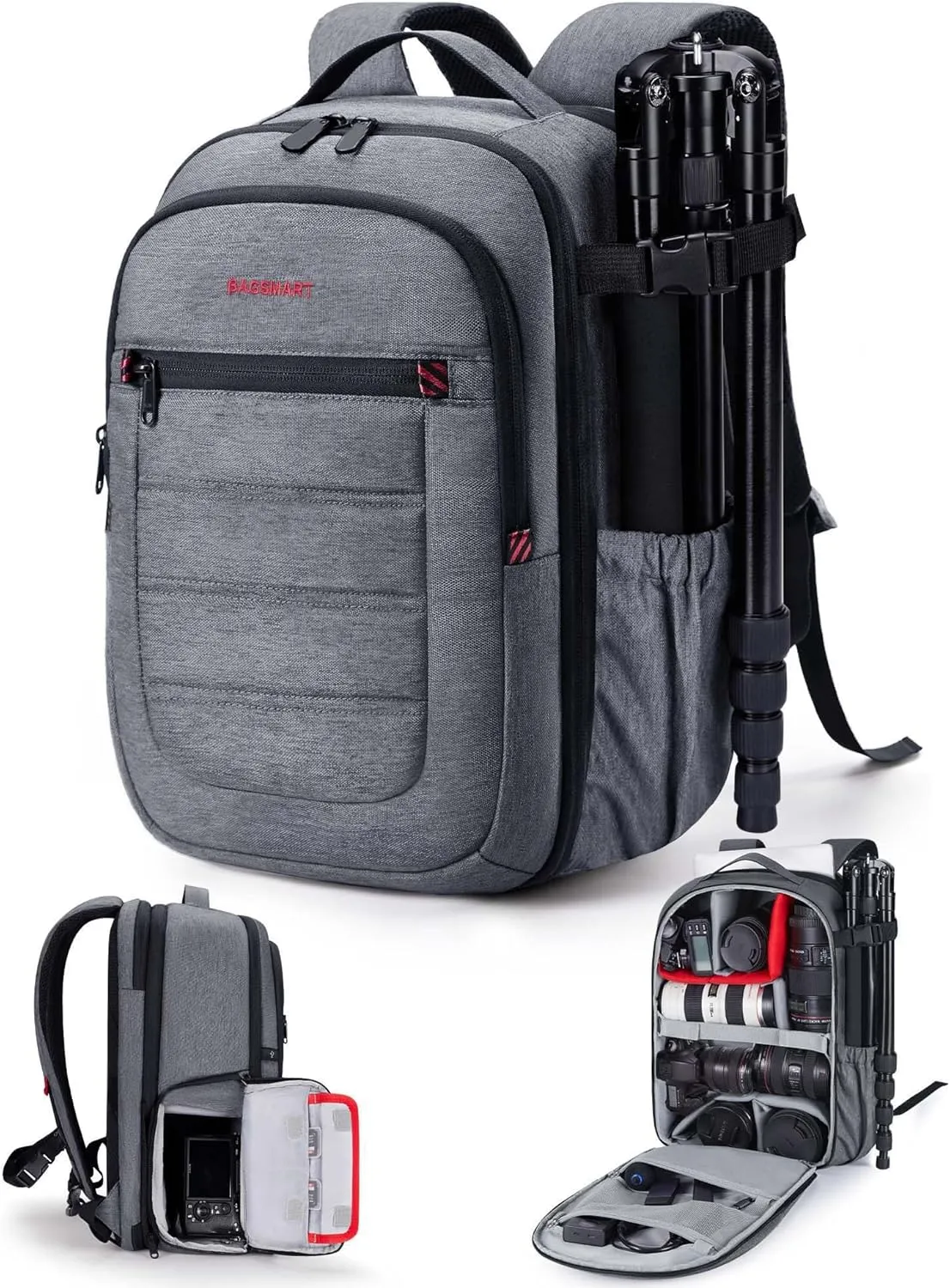 BAGSMART Camera Backpack, Expandable DSLR SLR Camera Bags for Photographers, Photography Travel Backpack with 15.6" Laptop Compartment, Rain Cover & Tripod Holder, Grey