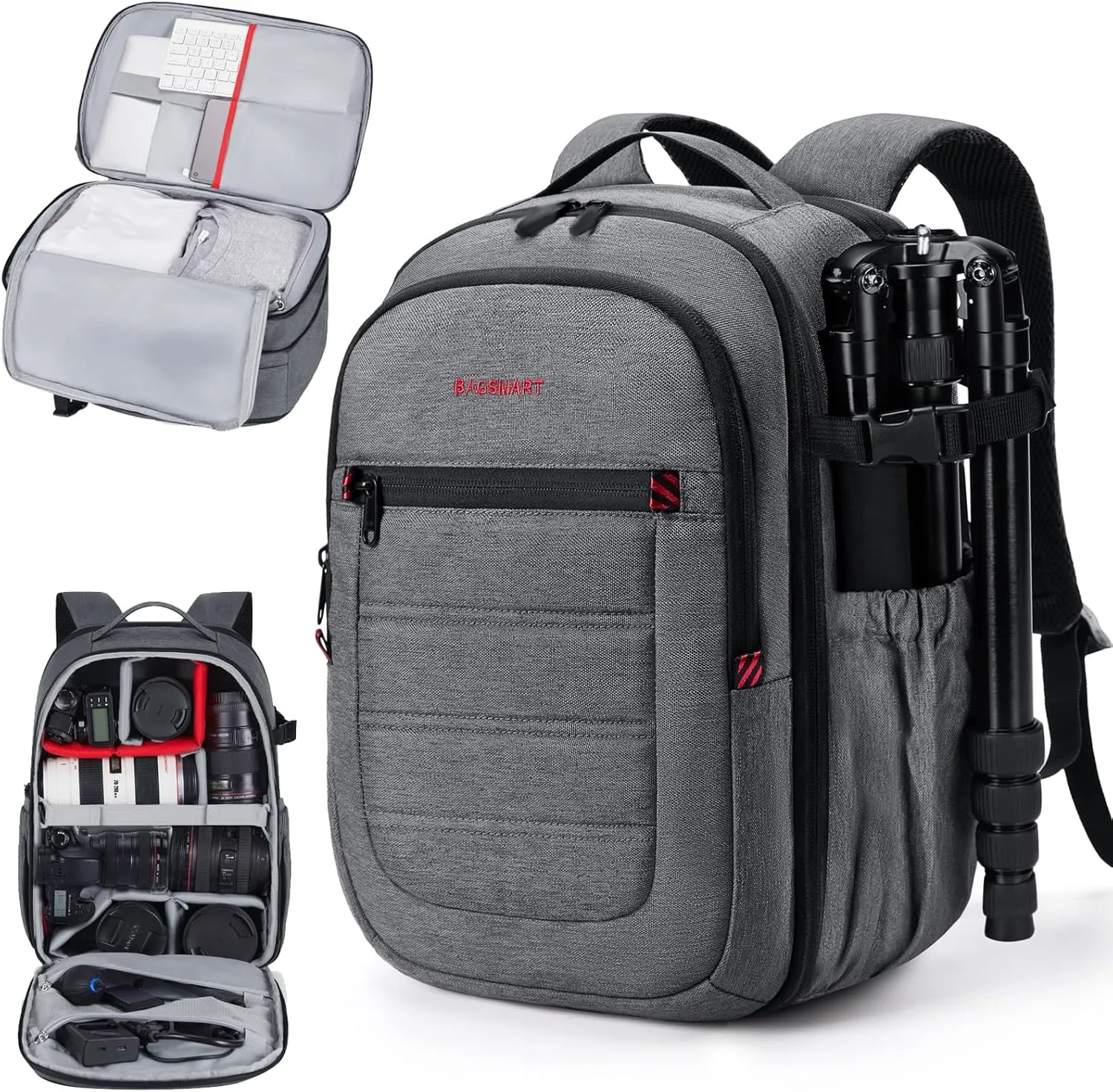 BAGSMART Camera Backpack, Expandable DSLR SLR Camera Bags for Photographers, Photography Travel Backpack with 15.6" Laptop Compartment, Rain Cover & Tripod Holder, Grey