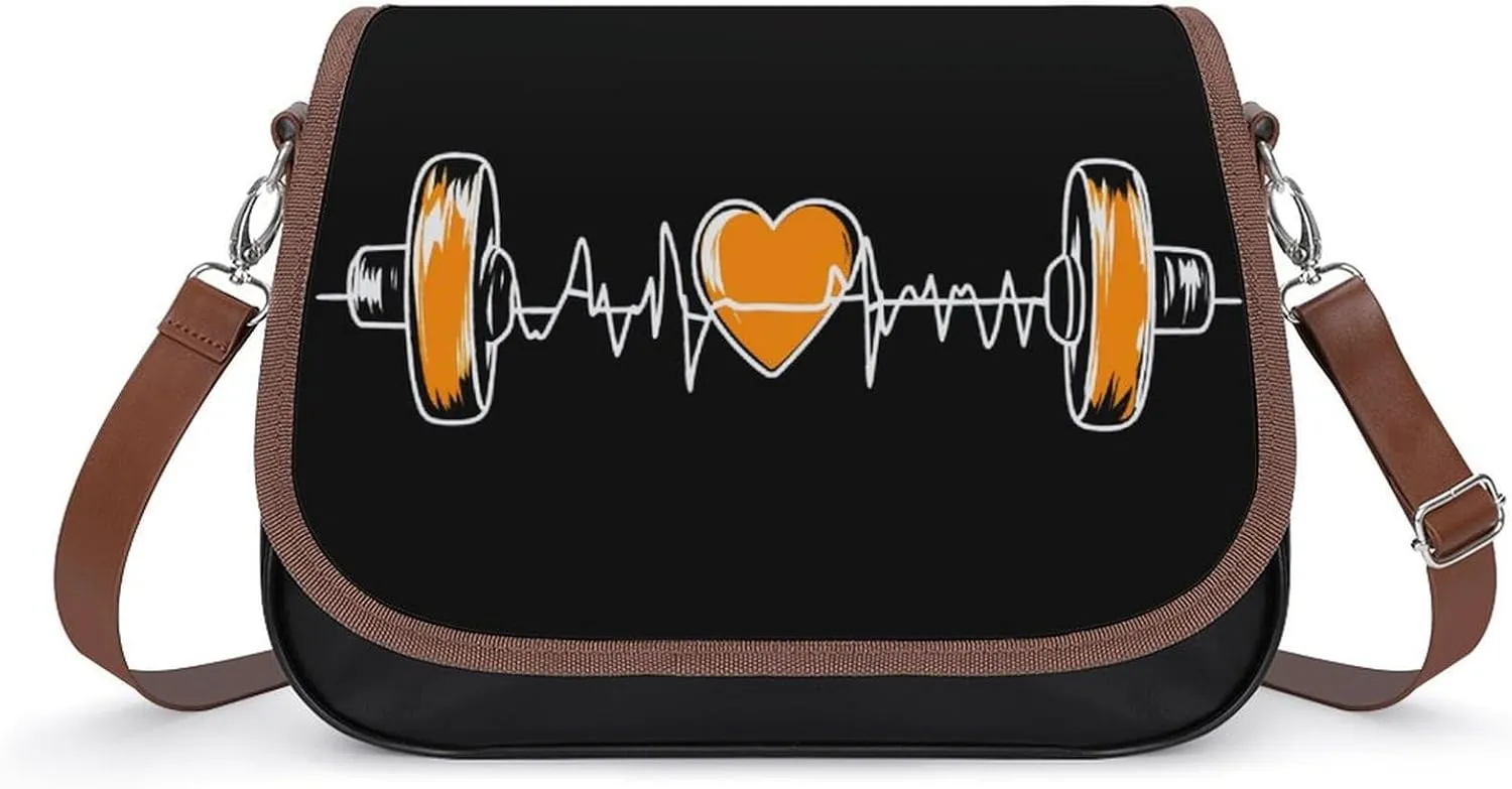 Barbell Weightlifting Heartbeat Crossbody Bags PU Leather Purses Shoulder Handbag with Adjustable Shoulder Strap