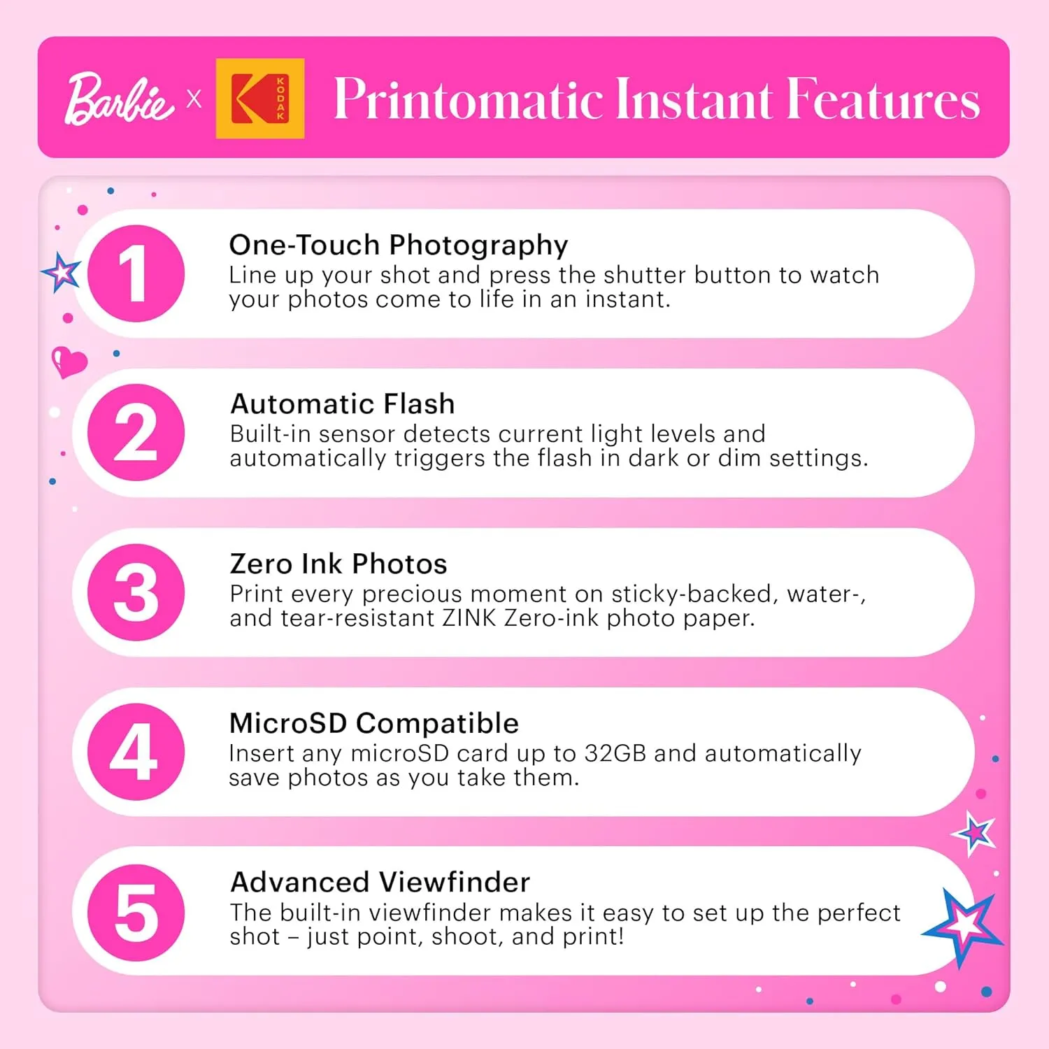 Barbie x Kodak Printomatic Full-Color Instant Print Digital Camera – 5MP Portable Barbie Camera Prints Colorful 2x3” Sticky-Back Photos – Signature Style