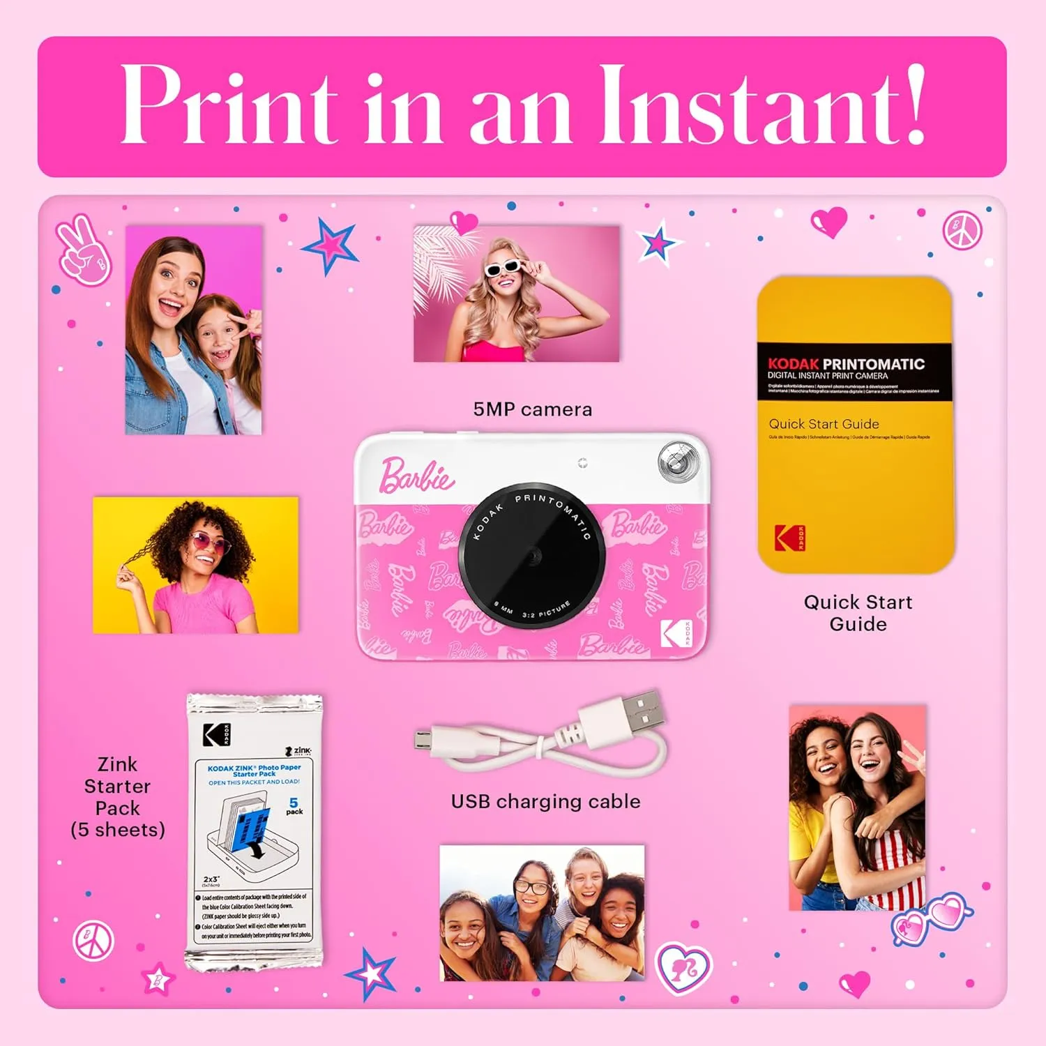Barbie x Kodak Printomatic Full-Color Instant Print Digital Camera – 5MP Portable Barbie Camera Prints Colorful 2x3” Sticky-Back Photos – Signature Style