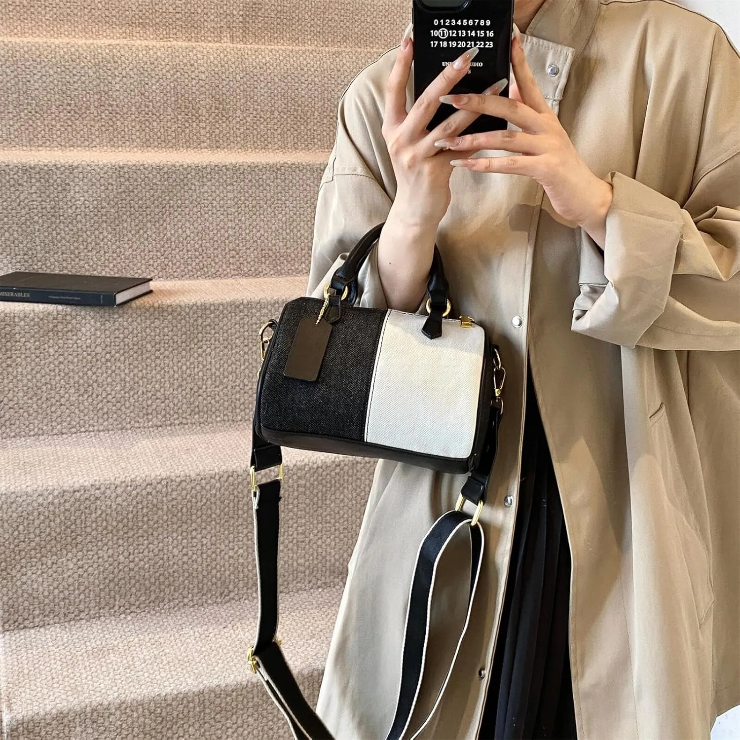 Barrel-shaped Denim Handbag and Purse Women Small Tote Shoulder Crossbody Bag with Guitar Adjustable Shoulder Strap