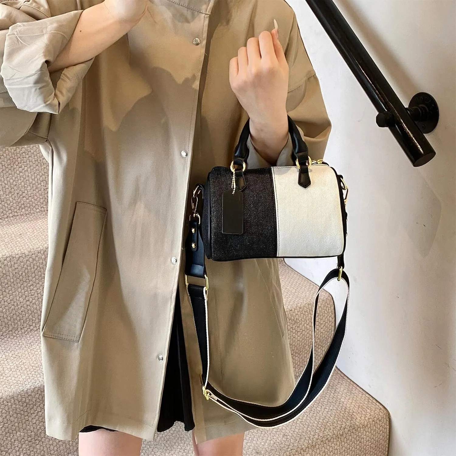 Barrel-shaped Denim Handbag and Purse Women Small Tote Shoulder Crossbody Bag with Guitar Adjustable Shoulder Strap