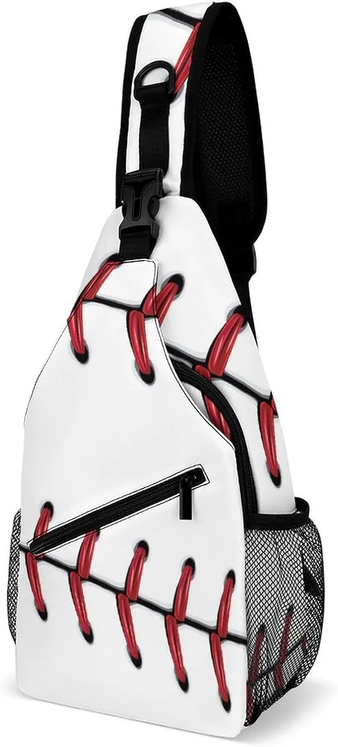 Baseball Red Lace Sling Bag Crossbody for Women Men Lightweight Adjustable Extender Strap Softball Shoulder Backpack with Water Bottle Holder Casual Daypack for Hiking Travel