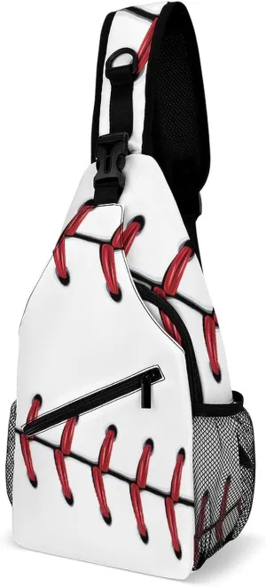 Baseball Red Lace Sling Bag Crossbody for Women Men Lightweight Adjustable Extender Strap Softball Shoulder Backpack with Water Bottle Holder Casual Daypack for Hiking Travel