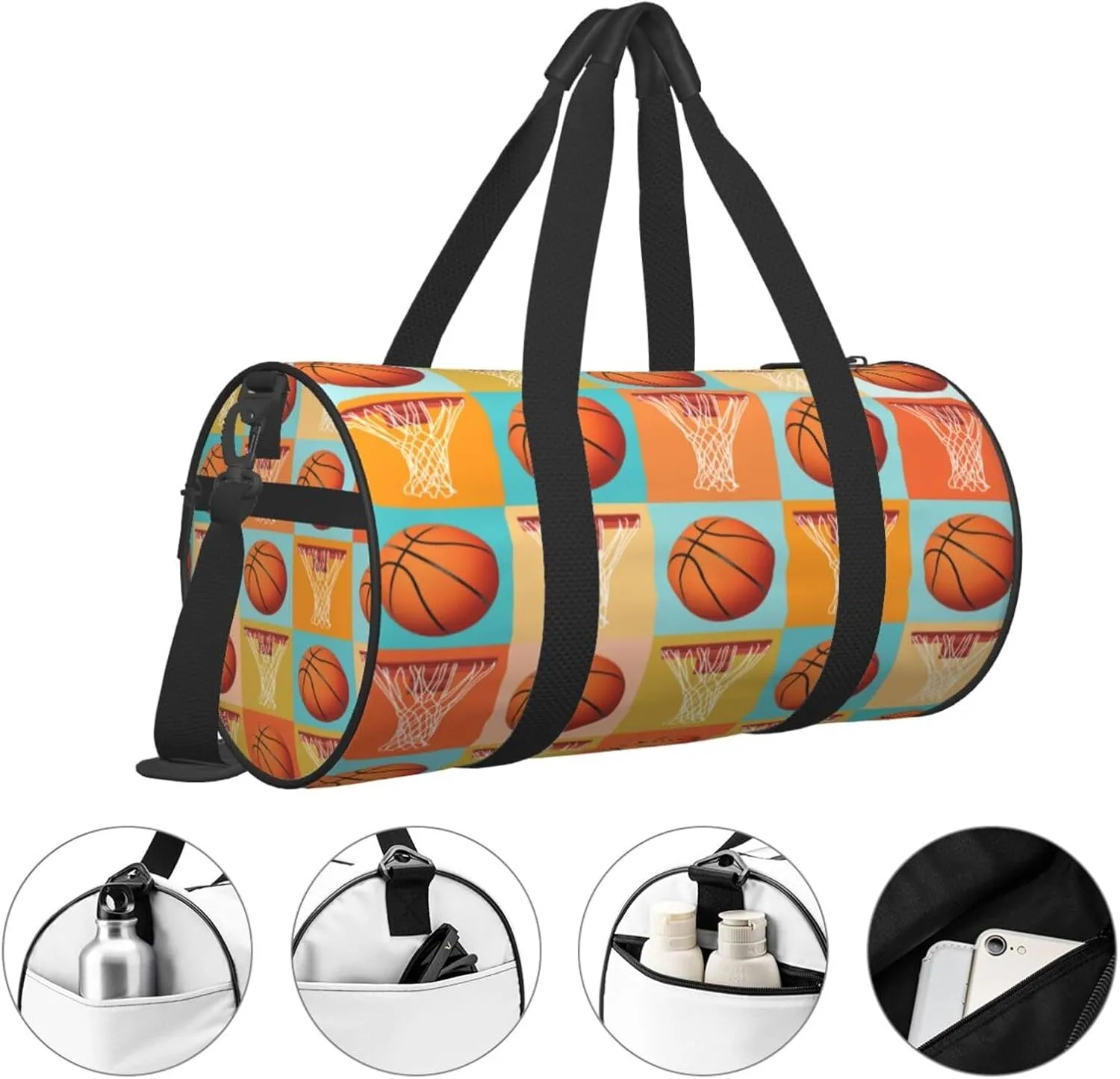 Basketball and basket Round Travel Duffel Bag Large Capacity Gym Sports Bags for Hiking Vacation Trips