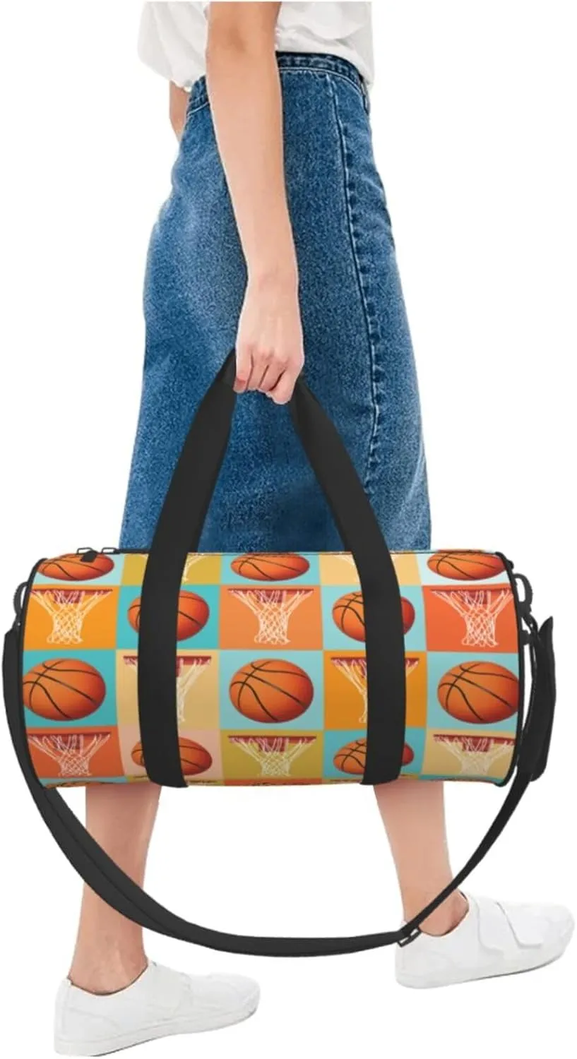Basketball and basket Round Travel Duffel Bag Large Capacity Gym Sports Bags for Hiking Vacation Trips