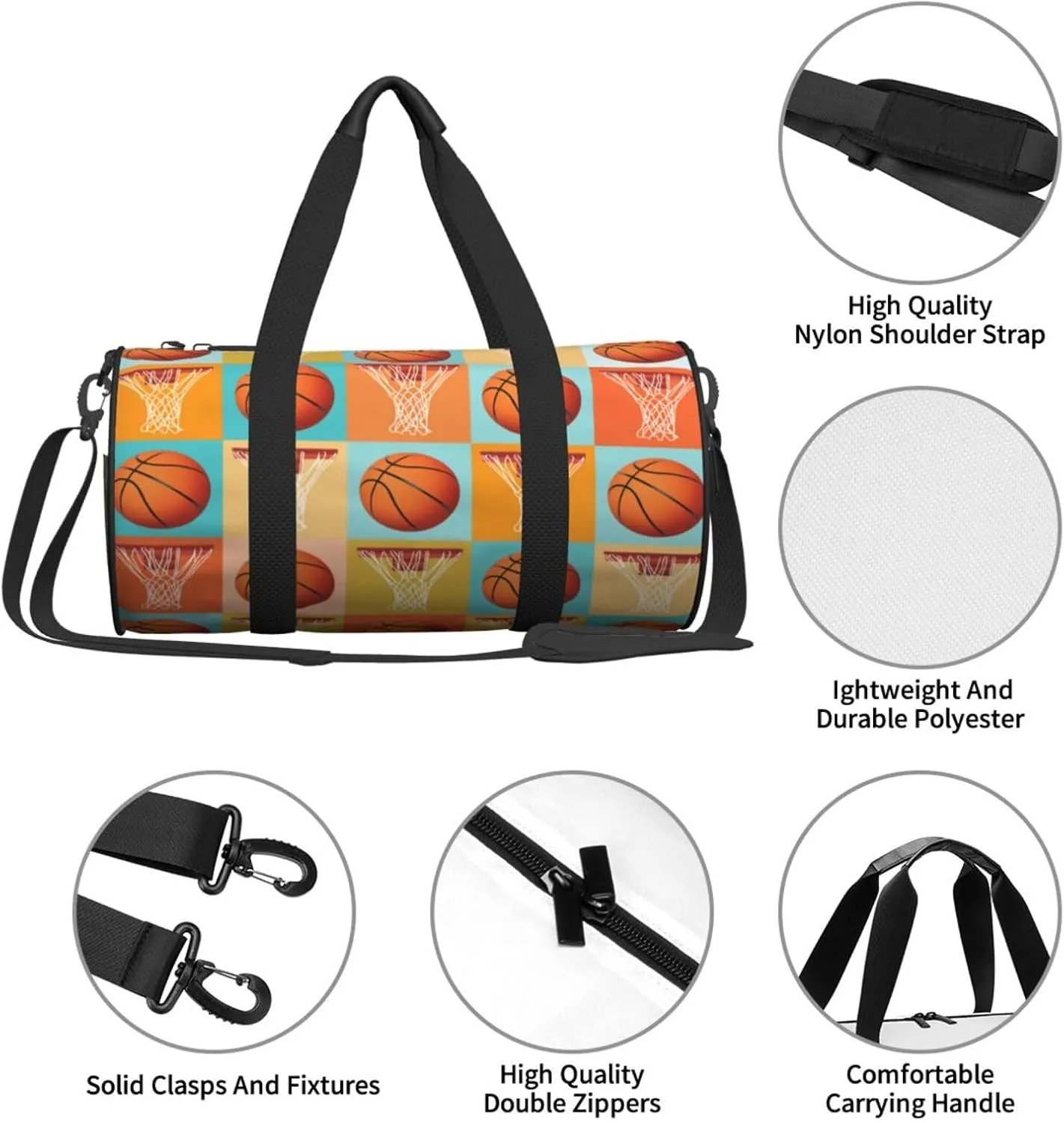 Basketball and basket Round Travel Duffel Bag Large Capacity Gym Sports Bags for Hiking Vacation Trips