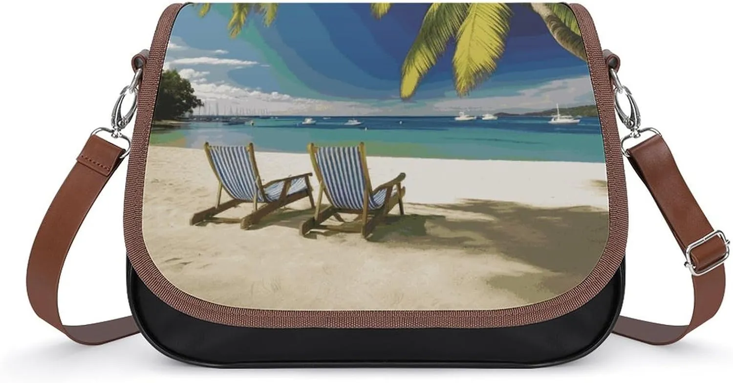 Beach Palm Tree Chairs Boats Laptop Tote Bag Leather Computer Bags Lined Shoulder Purse Purses And Handbags Business Office Work Bag Top Handle Handbag for Women