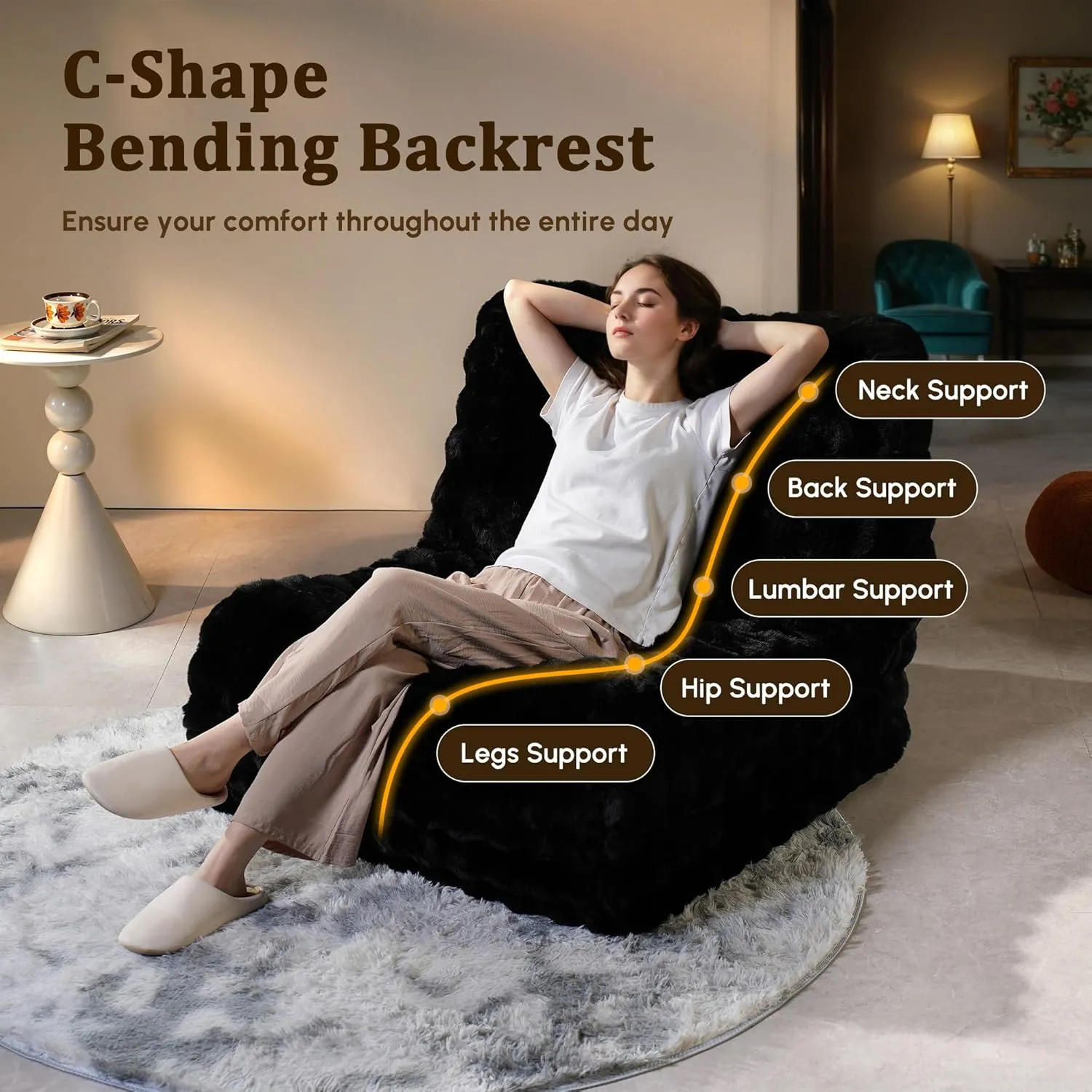 Bean Bag Chair Togo Sofa - Lazy Floor Sofa Couch for Adults,Faux Fur Fireside Chair Menmory Foam Bean Bags Lounger,Beanbag Corner Sofa for Bedroom,Living Room,Lounge,Salon (Black)