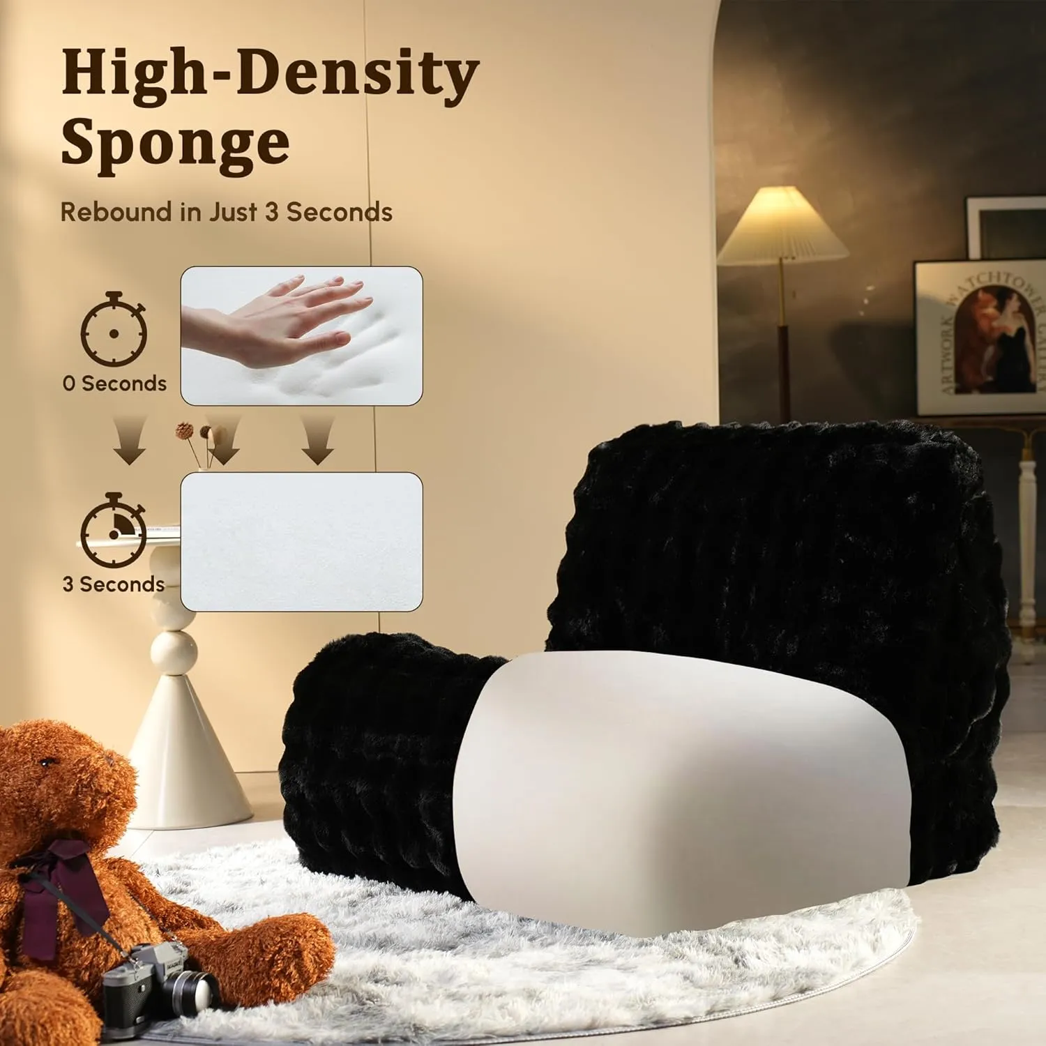 Bean Bag Chair Togo Sofa - Lazy Floor Sofa Couch for Adults,Faux Fur Fireside Chair Menmory Foam Bean Bags Lounger,Beanbag Corner Sofa for Bedroom,Living Room,Lounge,Salon (Black)