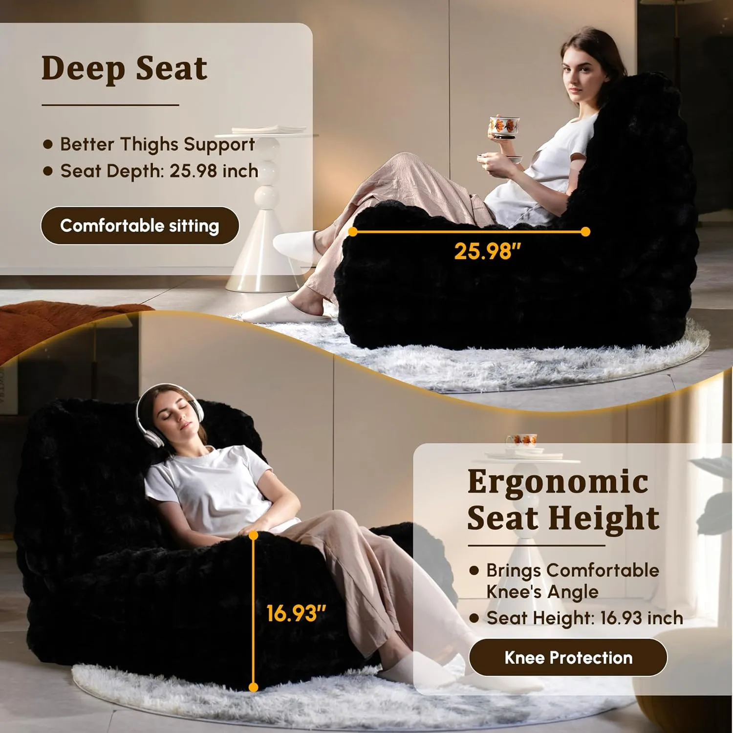 Bean Bag Chair Togo Sofa - Lazy Floor Sofa Couch for Adults,Faux Fur Fireside Chair Menmory Foam Bean Bags Lounger,Beanbag Corner Sofa for Bedroom,Living Room,Lounge,Salon (Black)