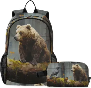 Bear Bird Log Backpack with Lunch Box Daypack Book Bag Shoulder Bag with Lunch Bag Set for Women Men Laptop Travel Daypack
