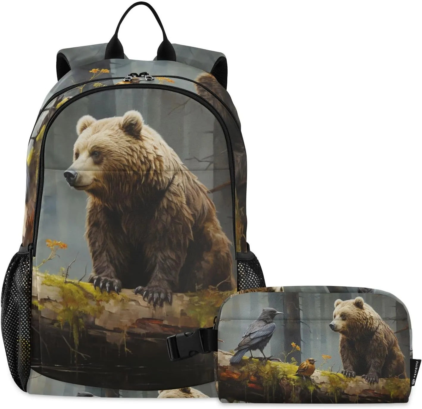 Bear Bird Log Backpack with Lunch Box Daypack Book Bag Shoulder Bag with Lunch Bag Set for Women Men Laptop Travel Daypack