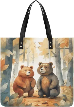 Bear in Woods Large Leather Handbags Women Fashion Handbag Multifunctional Travel Bag It Is A Great Gift for Mothers, Teachers, Friends, Bridesmaids