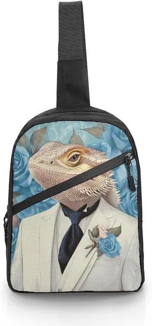 Bearded Dragon Lizard Gentleman Chest Bag Foldable Crossbody Unisex Pack Travel Hiking Adjustable Shoulder Straps Sling Bags