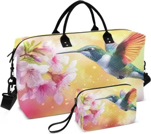 Beautiful Hummingbird Travel Duffel Bags 2PCS,Sports Duffel Bags for Men Women,Weekender Overnight Bag Gym Tote Bag with Toiletry Bag