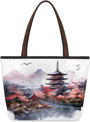 Beautiful Scenic Tower Tote Bag Multi Pocket Zippered Beach Bag Lightweight Waterproof Handbag