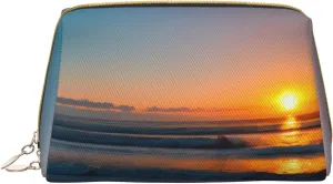 Beautiful Sunrise Ocean Print Leather zipper makeup bag Cosmetic Pouch Travel Organizer Toiletry Clutch