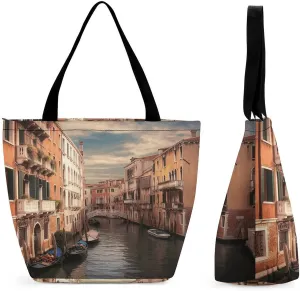 Beautiful Venice Canal View Tote Bags Reusable Grocery Bags Shopping Zippered Tote for Office Graduation Travel