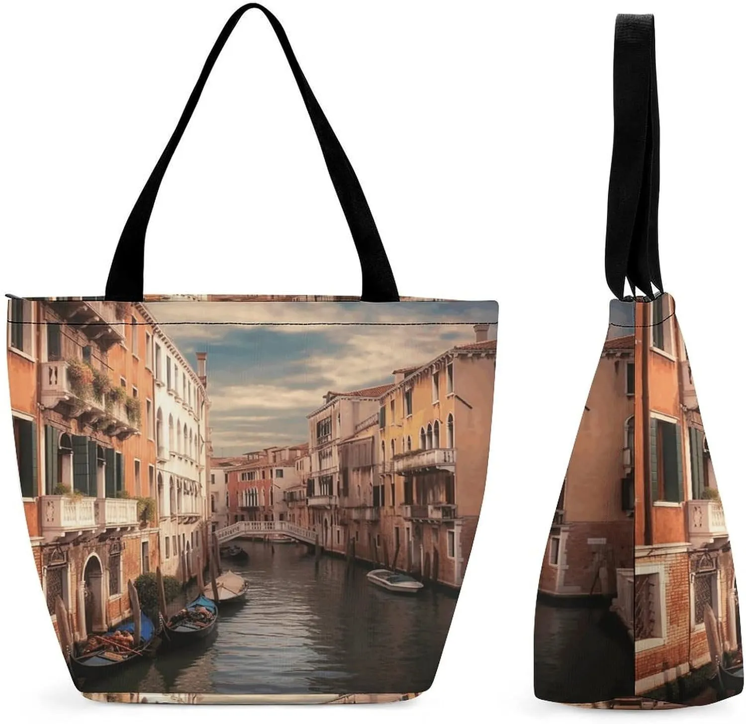 Beautiful Venice Canal View Tote Bags Reusable Grocery Bags Shopping Zippered Tote for Office Graduation Travel
