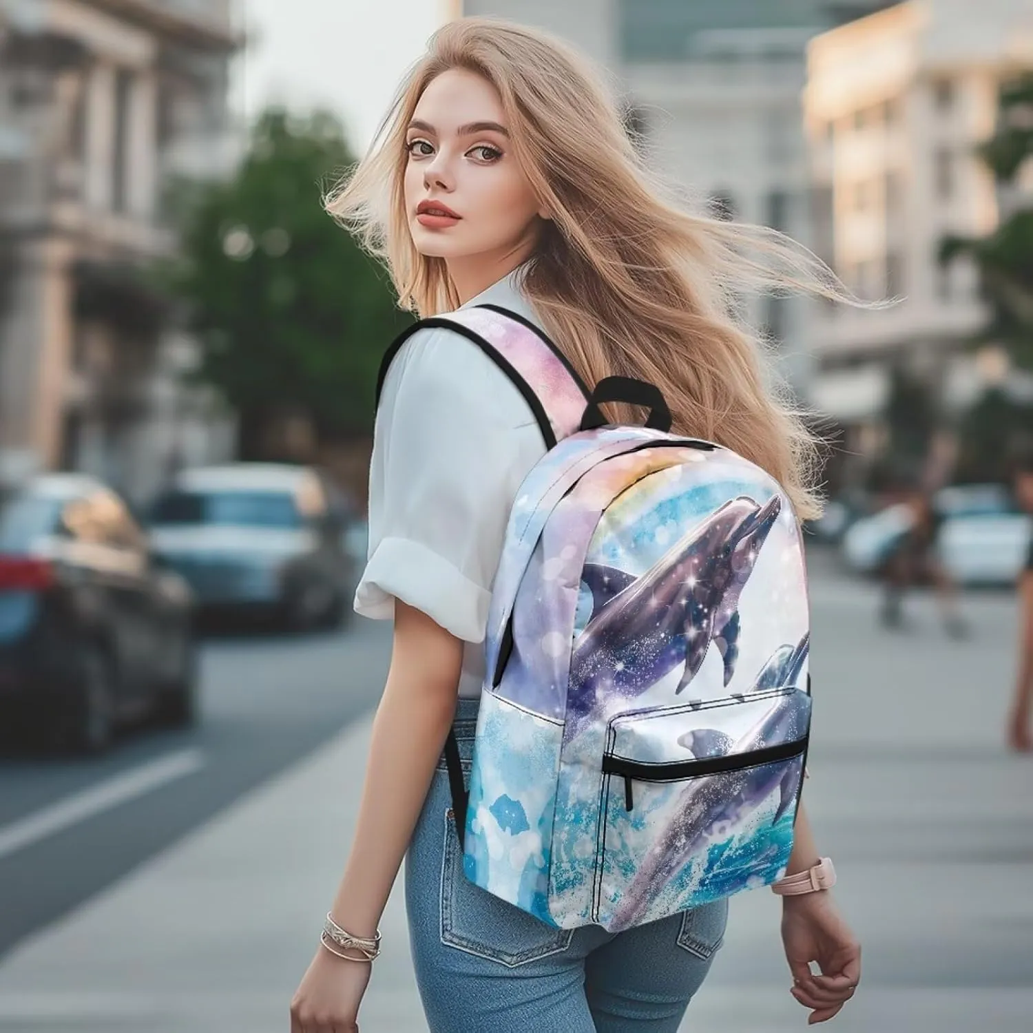Beauty Collector Dolphin Leap Rainbow Backpack for School Travel Bookbag with Adjustable Shoulder Strap