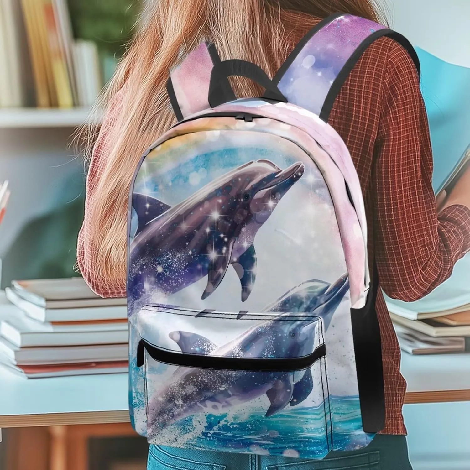 Beauty Collector Dolphin Leap Rainbow Backpack for School Travel Bookbag with Adjustable Shoulder Strap